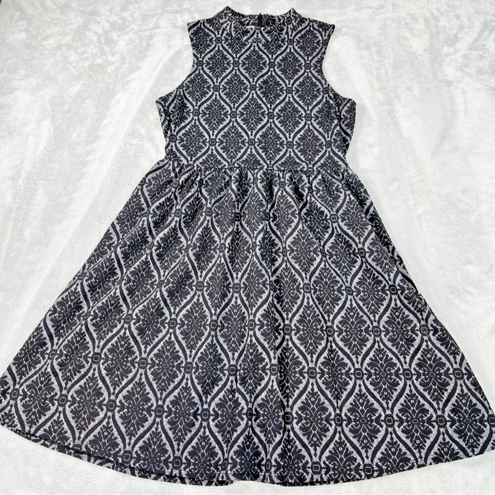 Maurices Black Gray Damask Mock Neck Dress M Sleeveless Skater Fit Flare Gothic